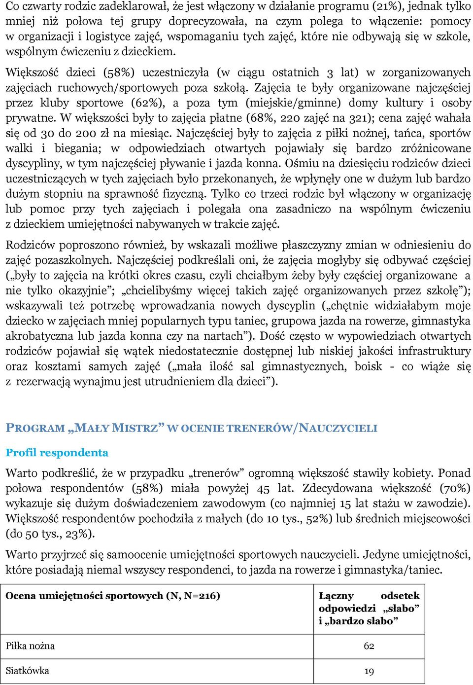 Większość dzieci (58%) uczestniczyła (w ciągu ostatnich 3 lat) w zorganizowanych zajęciach ruchowych/sportowych poza szkołą.