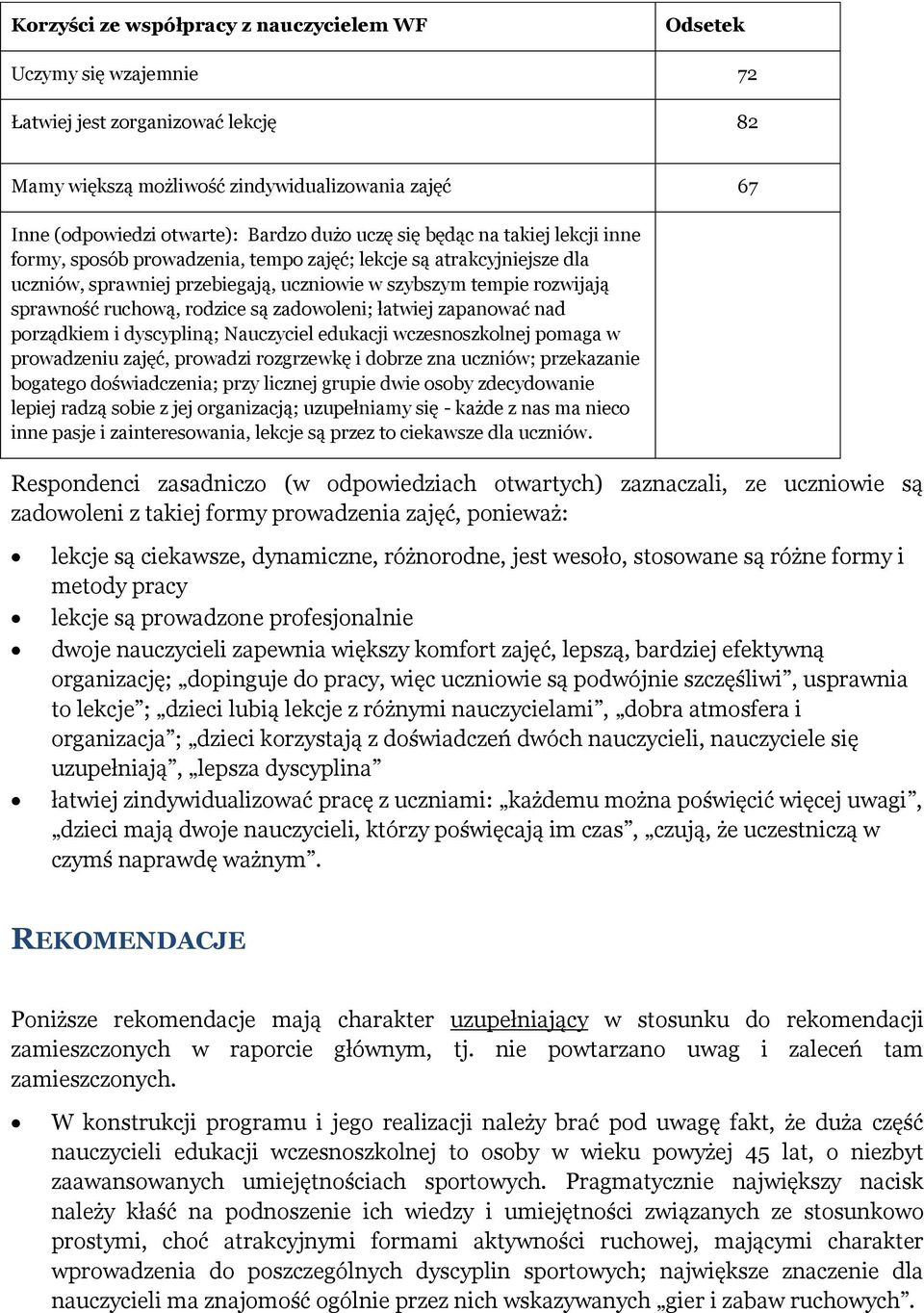 są zadowoleni; łatwiej zapanować nad porządkiem i dyscypliną; Nauczyciel edukacji wczesnoszkolnej pomaga w prowadzeniu zajęć, prowadzi rozgrzewkę i dobrze zna uczniów; przekazanie bogatego