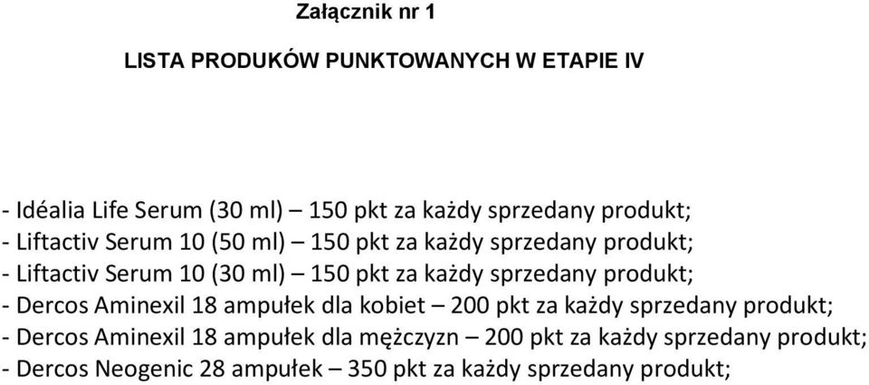 każdy sprzedany produkt; - Dercos Aminexil 18 ampułek dla kobiet 200 pkt za każdy sprzedany produkt; - Dercos