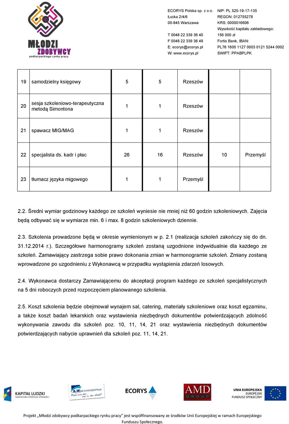 Zajęcia będą odbywać się w wymiarze min. 6 i max. 8 godzin szkoleniowych dziennie. 2.3. Szkolenia prowadzone będą w okresie wymienionym w p. 2.1 (realizacja szkoleń zakończy się do dn. 31.12.2014 r.).