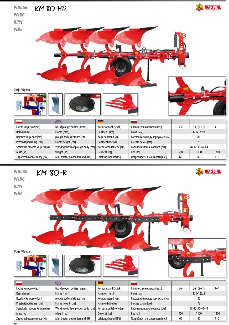 Rahmenhöhe Высота рамы [cм] 78 Szerokość robocza korpusu Working width of plough body Korpusarbeitsbreite Рабочая ширина корпуса [см] 28-32-36-40-44 Masa [kg] wieght [kg] Gewicht [kg] Вес [кг] 900