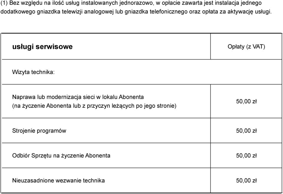 usługi serwisowe Wizyta technika: Naprawa lub modernizacja sieci w lokalu Abonenta (na życzenie Abonenta lub