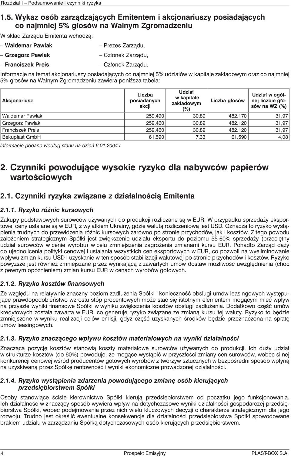 Informacje na temat akcjonariuszy posiadających co najmniej 5% udziałów w kapitale zakładowym oraz co najmniej 5% głosów na Walnym Zgromadzeniu zawiera poniższa tabela: Akcjonariusz Liczba