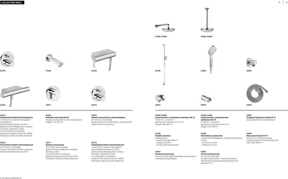 59970) (Flexx Boxx należy zamawiać oddzielnie) 52726 Prysznicowa bateria termostatyczna do montażu natynkowego uchwyt z 50 % ogranicznikiem przepływu blokada bezpieczeństwa przy 38 C 51645 Wylewka