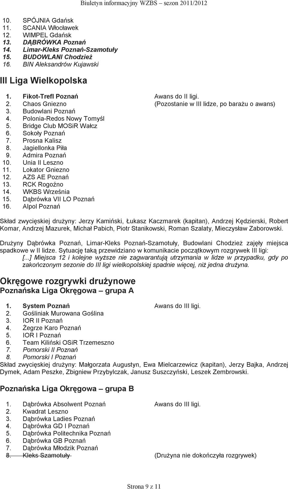 Prosna Kalisz 8. Jagiellonka Piła 9. Admira Poznań 10. Unia II Leszno 11. Lokator Gniezno 12. AZS AE Poznań 13. RCK Rogoźno 14. WKBS Września 15. Dąbrówka VII LO Poznań 16.