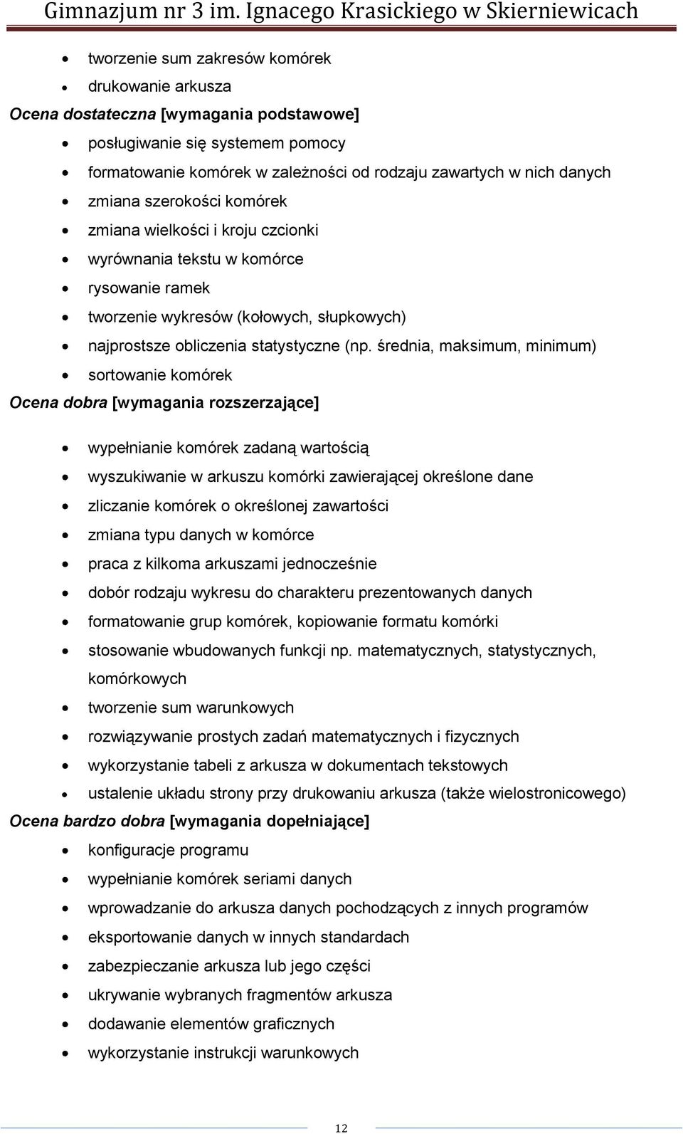 średnia, maksimum, minimum) sortowanie komórek Ocena dobra [wymagania rozszerzające] wypełnianie komórek zadaną wartością wyszukiwanie w arkuszu komórki zawierającej określone dane zliczanie komórek