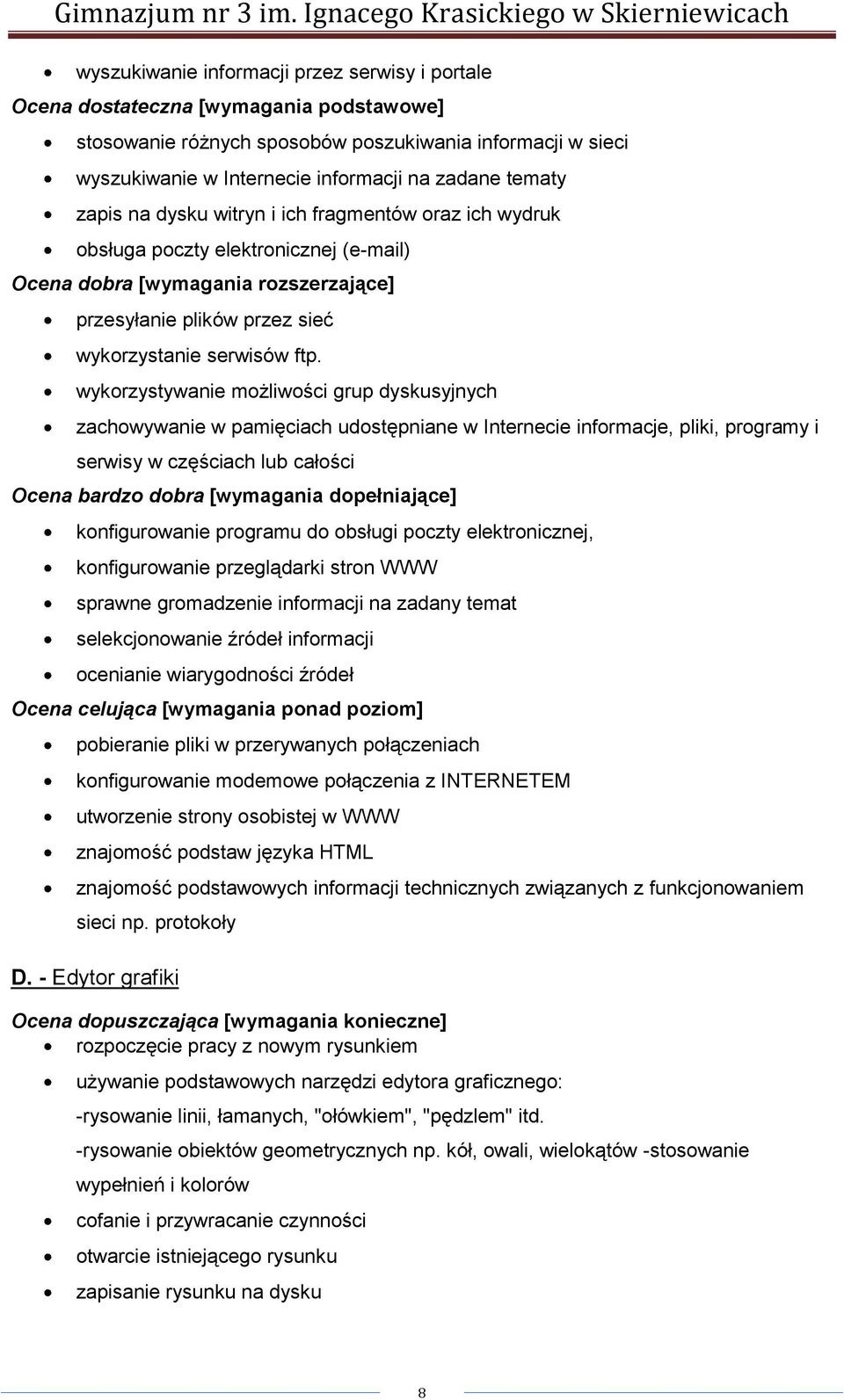 wykorzystywanie możliwości grup dyskusyjnych zachowywanie w pamięciach udostępniane w Internecie informacje, pliki, programy i serwisy w częściach lub całości Ocena bardzo dobra [wymagania