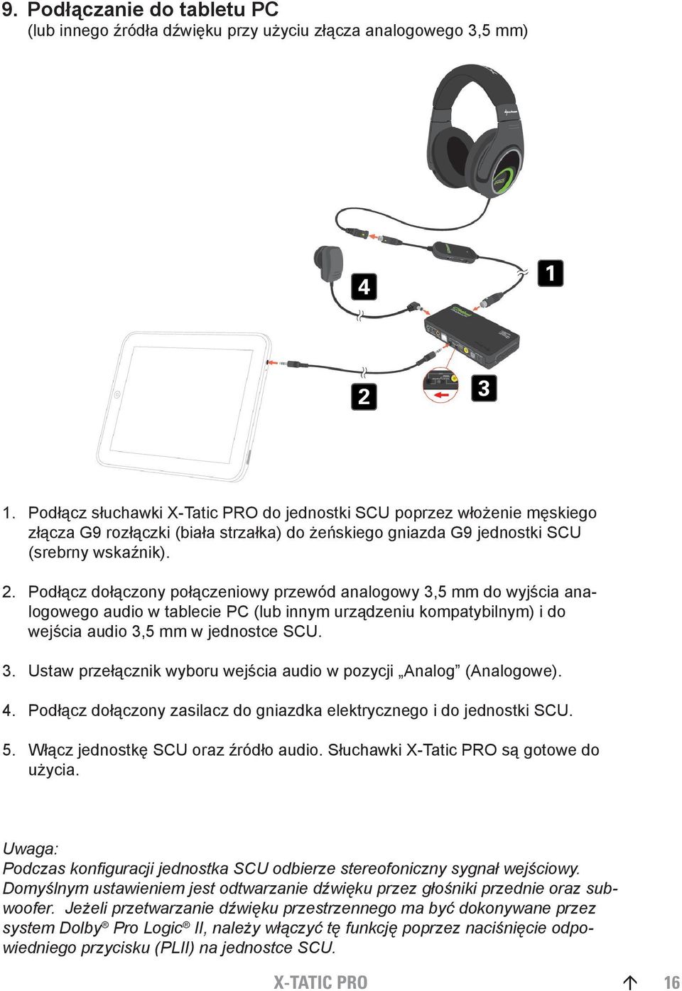 Podłącz dołączony połączeniowy przewód analogowy 3,5 mm do wyjścia analogowego audio w tablecie PC (lub innym urządzeniu kompatybilnym) i do wejścia audio 3,5 mm w jednostce SCU. 3. Ustaw przełącznik wyboru wejścia audio w pozycji Analog (Analogowe).