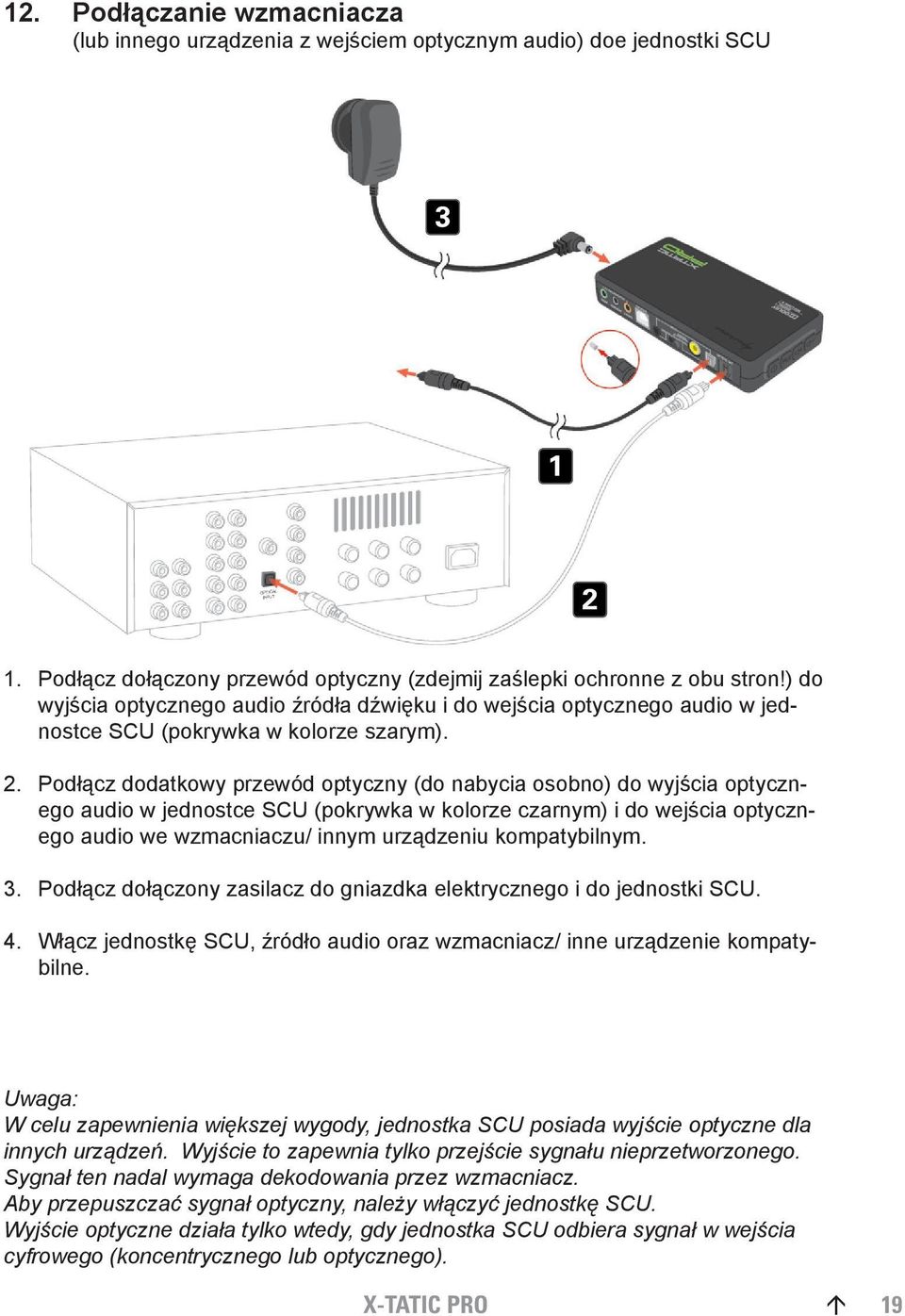 Podłącz dodatkowy przewód optyczny (do nabycia osobno) do wyjścia optycznego audio w jednostce SCU (pokrywka w kolorze czarnym) i do wejścia optycznego audio we wzmacniaczu/ innym urządzeniu