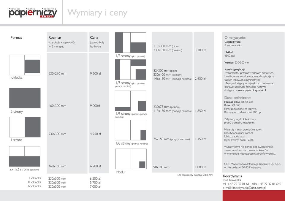 Wymiar: I ok adka 230x210 mm 9 500 z 1/3 strony (pion, poziom, pozycja naro na) 82x300 mm (pion) 230x100 mm (poziom) 146x150 mm (pozycja naro na) 2 650 z Kana y dystrybucji: Prenumerata, sprzeda w