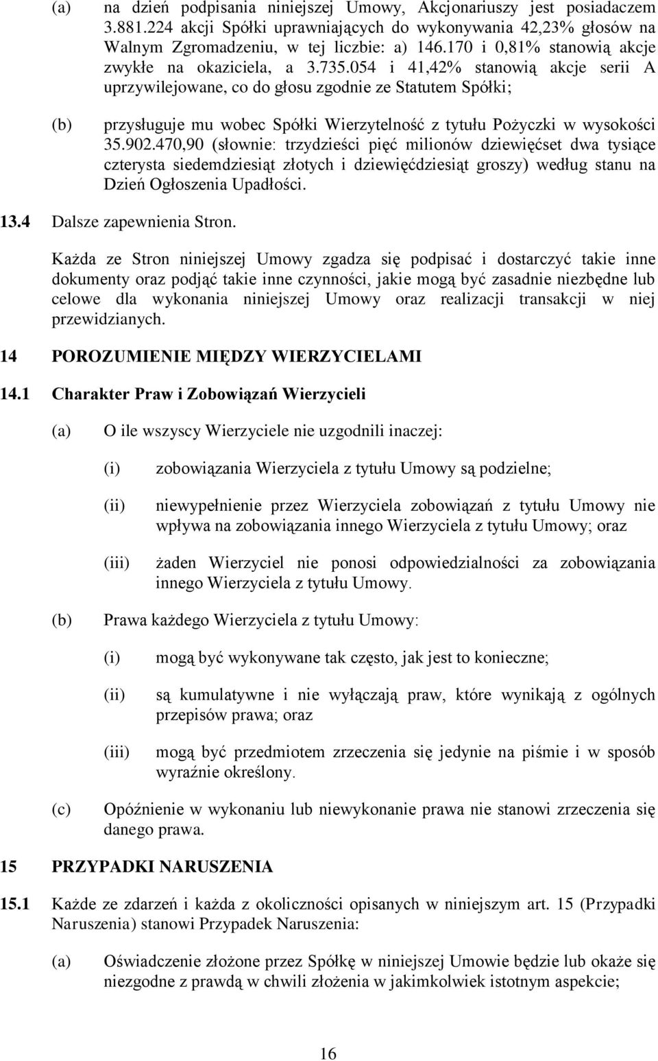 054 i 41,42% stanowią akcje serii A uprzywilejowane, co do głosu zgodnie ze Statutem Spółki; przysługuje mu wobec Spółki Wierzytelność z tytułu Pożyczki w wysokości 35.902.