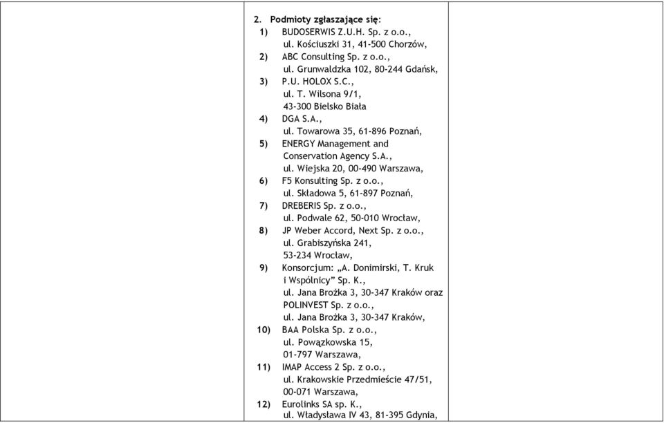 z o.o., ul. Podwale 62, 50-010 Wrocław, 8) JP Weber Accord, Next Sp. z o.o., ul. Grabiszyńska 241, 53-234 Wrocław, 9) Konsorcjum: A. Donimirski, T. Kruk i Wspólnicy Sp. K., ul. Jana BroŜka 3, 30-347 Kraków oraz POLINVEST Sp.