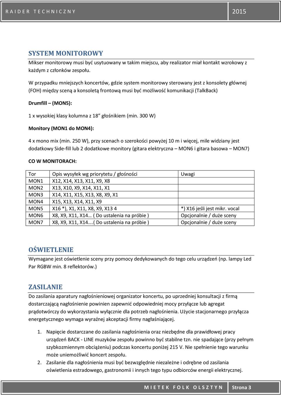 wysokiej klasy kolumna z 18 głośnikiem (min. 300 W) Monitory (MON1 do MON4): 4 x mono mix (min.