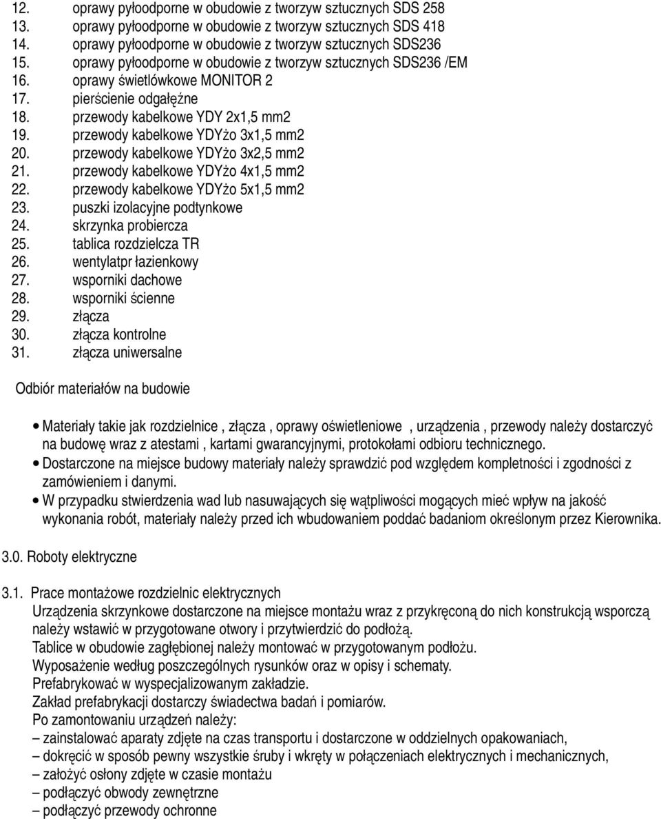 przewody kabelkowe YDYżo 3x1,5 mm2 20. przewody kabelkowe YDYżo 3x2,5 mm2 21. przewody kabelkowe YDYżo 4x1,5 mm2 22. przewody kabelkowe YDYżo 5x1,5 mm2 23. puszki izolacyjne podtynkowe 24.