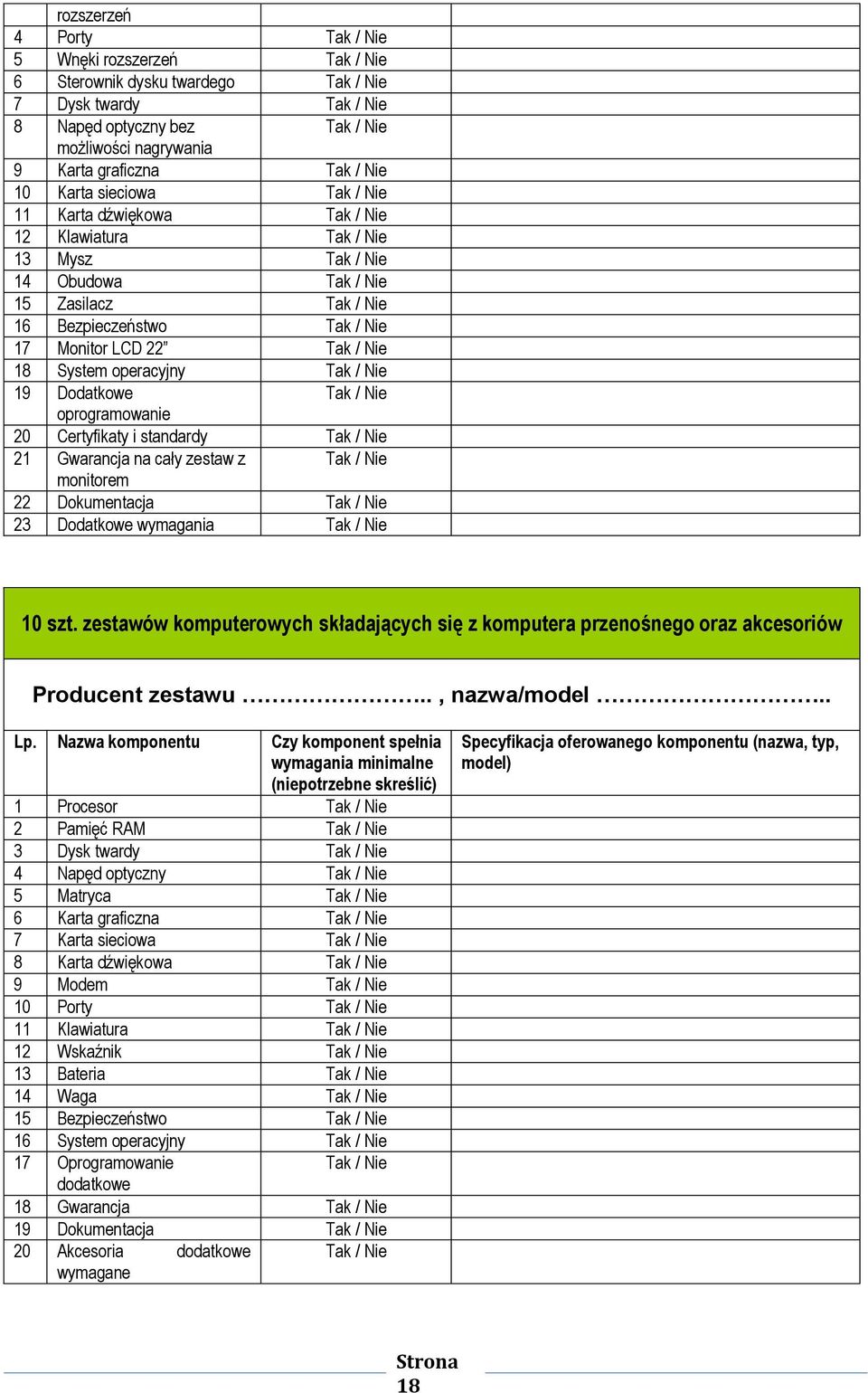 18 System operacyjny Tak / Nie 19 Dodatkowe Tak / Nie oprogramowanie 20 Certyfikaty i standardy Tak / Nie 21 Gwarancja na cały zestaw z Tak / Nie monitorem 22 Dokumentacja Tak / Nie 23 Dodatkowe