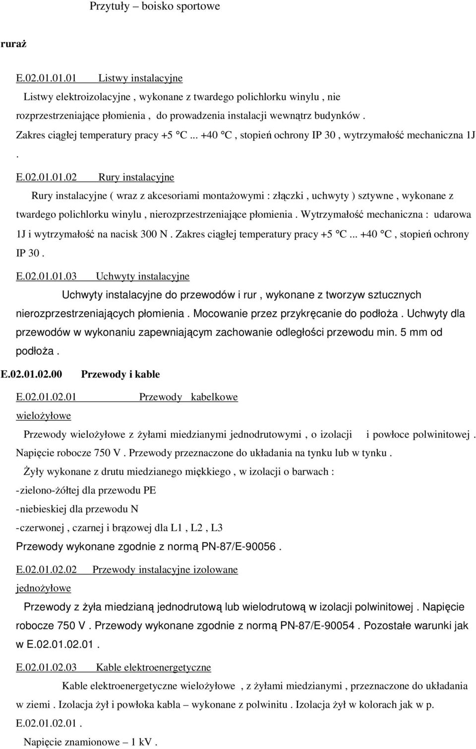 01.02 Rury instalacyjne Rury instalacyjne ( wraz z akcesoriami montaŝowymi : złączki, uchwyty ) sztywne, wykonane z twardego polichlorku winylu, nierozprzestrzeniające płomienia.