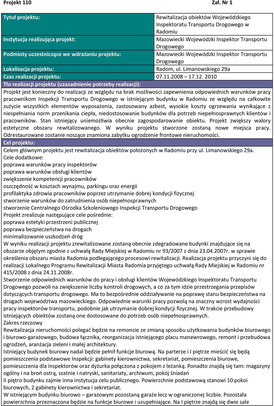 wdrażaniu prjektu: Mazwiecki Wjewódzki Inspektr Transprtu Drgweg Lkalizacja prjektu: Radm, ul. Limanwskieg 29a Czas realizacji prjektu: 07.11.2008 17.12.