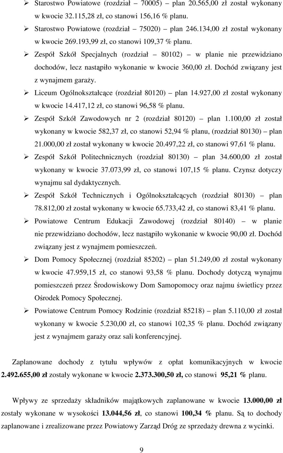 Dochód związany jest z wynajmem garaŝy. Liceum Ogólnokształcące (rozdział 80120) plan 14.927,00 zł został wykonany w kwocie 14.417,12 zł, co stanowi 96,58 % planu.