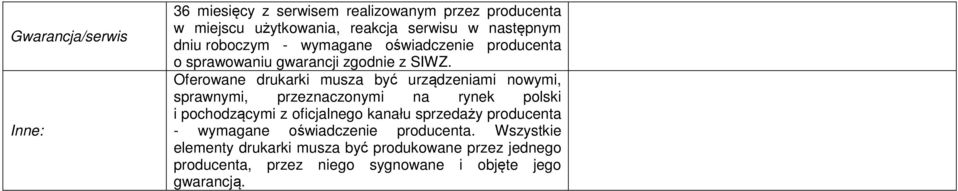 Oferowane drukarki musza być urządzeniami nowymi, sprawnymi, przeznaczonymi na rynek polski i pochodzącymi z oficjalnego kanału