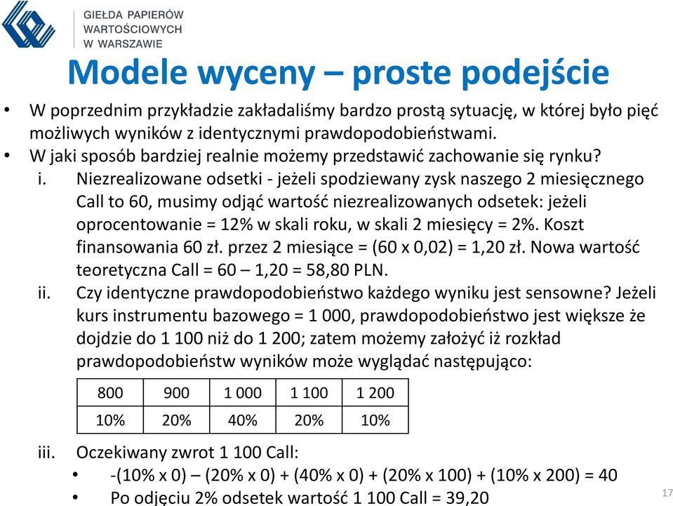 Niezrealizowane odsetki - jeżeli spodziewany zysk naszego 2 miesięcznego Call to 60, musimy odjąć wartość niezrealizowanych odsetek: jeżeli oprocentowanie = 12% w skali roku, w skali 2 miesięcy = 2%.