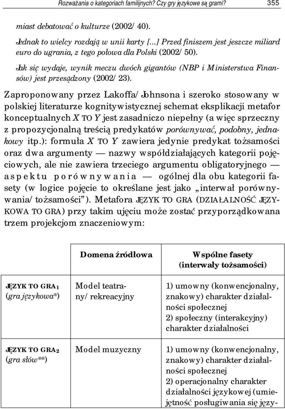 Zaproponowany przez Lakoffa/Johnsona i szeroko stosowany w polskiej literaturze kognitywistycznej schemat eksplikacji metafor konceptualnych X TO Y jest zasadniczo niepełny (a więc sprzeczny z