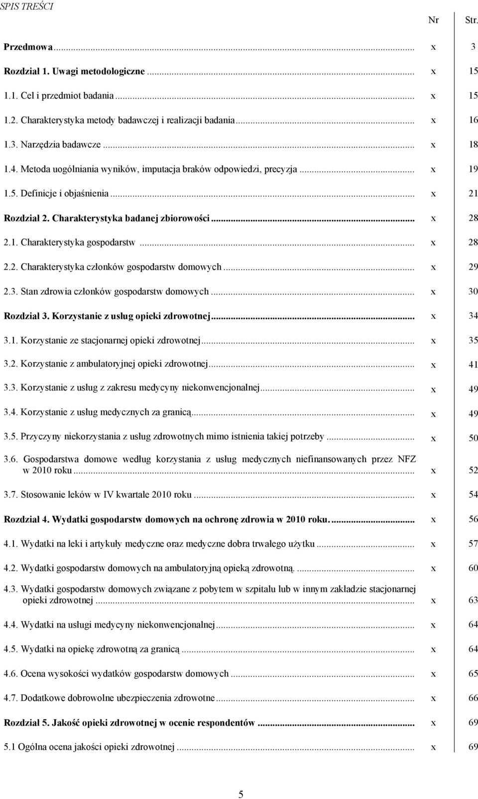 .. x 28 2.2. Charakterystyka członków gospodarstw domowych... x 29 2.3. Stan zdrowia członków gospodarstw domowych... x 30 Rozdział 3. Korzystanie z usług opieki zdrowotnej... x 34 3.1.