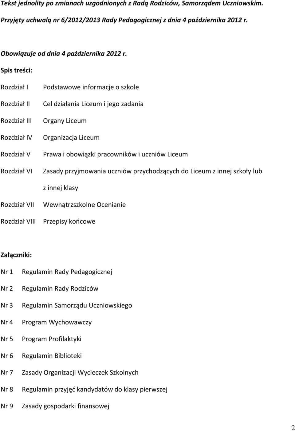Spis treści: Rozdział I Rozdział II Rozdział III Rozdział IV Rozdział V Rozdział VI Podstawowe informacje o szkole Cel działania Liceum i jego zadania Organy Liceum Organizacja Liceum Prawa i