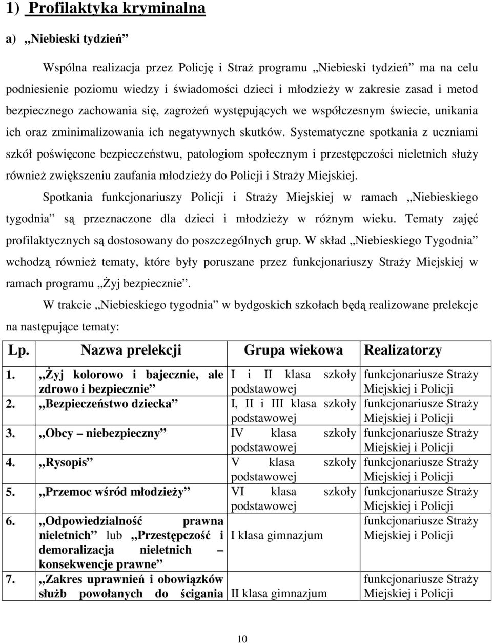 Systematyczne spotkania z uczniami szkół poświęcone bezpieczeństwu, patologiom społecznym i przestępczości nieletnich słuŝy równieŝ zwiększeniu zaufania młodzieŝy do Policji i StraŜy Miejskiej.