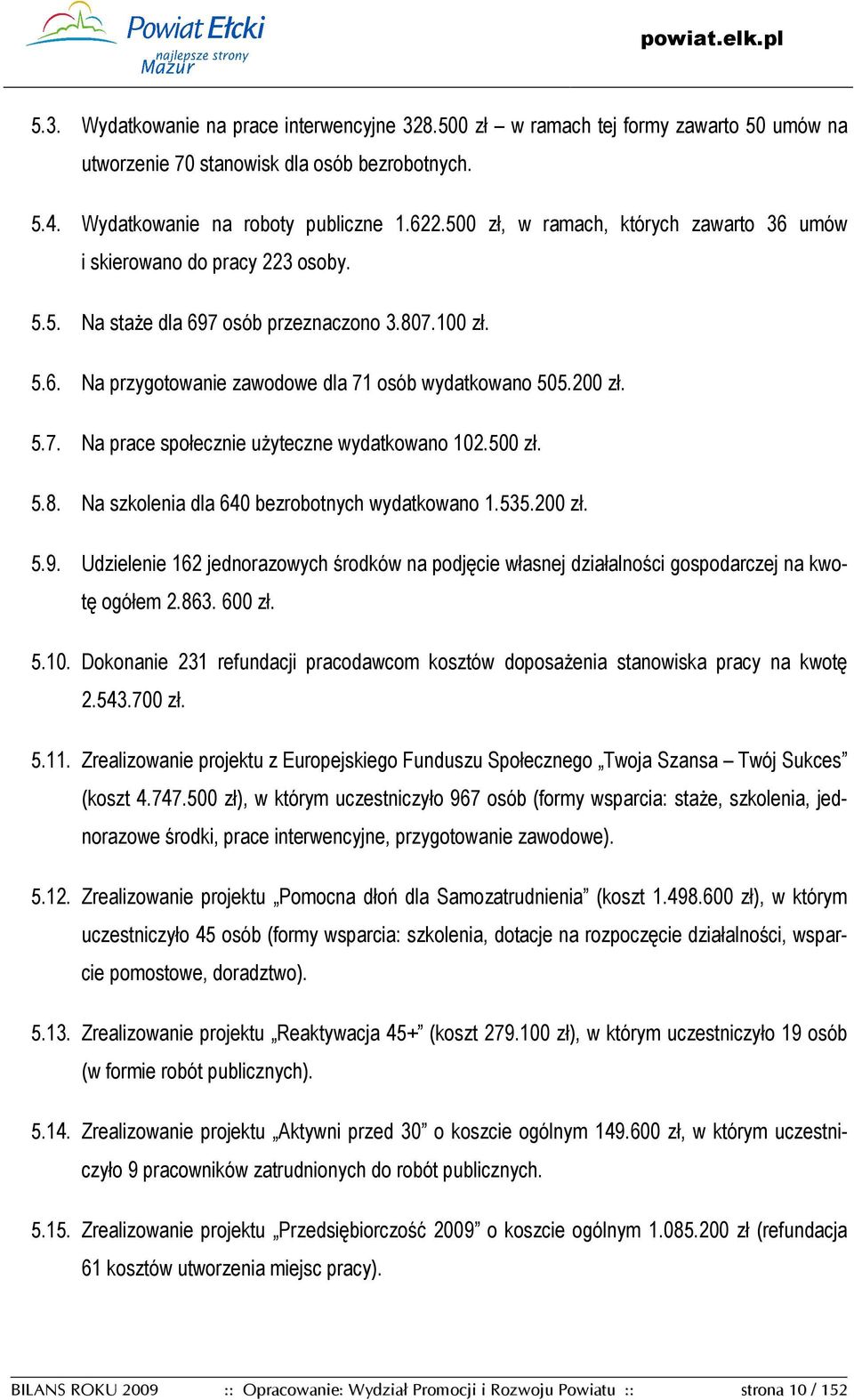 500 zł. 5.8. Na szkolenia dla 640 bezrobotnych wydatkowano 1.535.200 zł. 5.9. Udzielenie 162 jednorazowych środków na podjęcie własnej działalności gospodarczej na kwotę ogółem 2.863. 600 zł. 5.10.