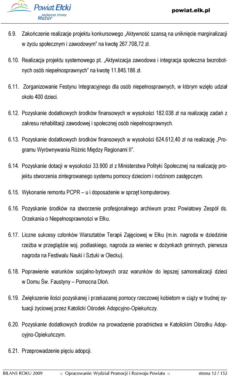 6.12. Pozyskanie dodatkowych środków finansowych w wysokości 182.038 zł na realizację zadań z zakresu rehabilitacji zawodowej i społecznej osób niepełnosprawnych. 6.13.