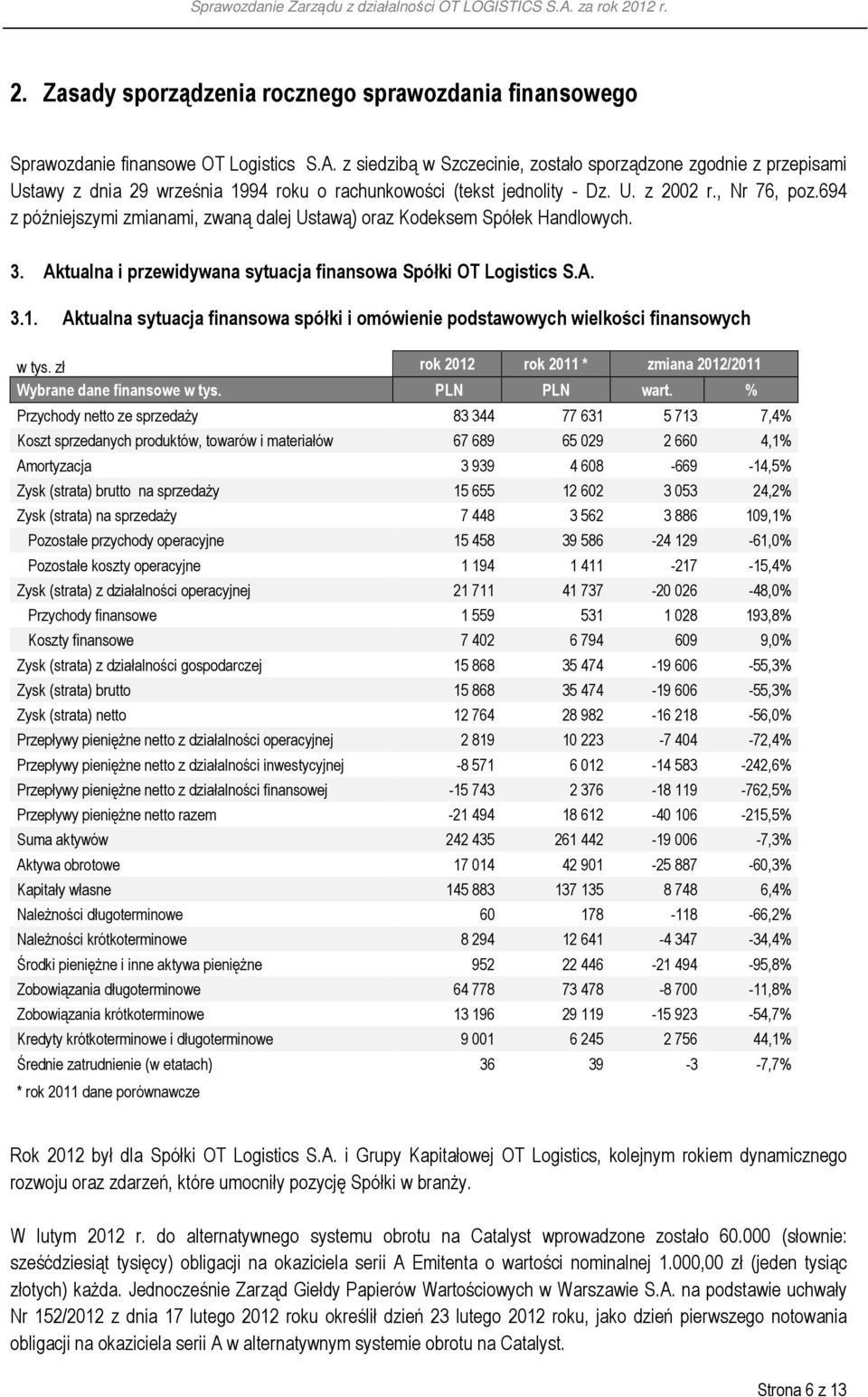 694 z późniejszymi zmianami, zwaną dalej Ustawą) oraz Kodeksem Spółek Handlowych. 3. Aktualna i przewidywana sytuacja finansowa Spółki OT Logistics S.A. 3.1.