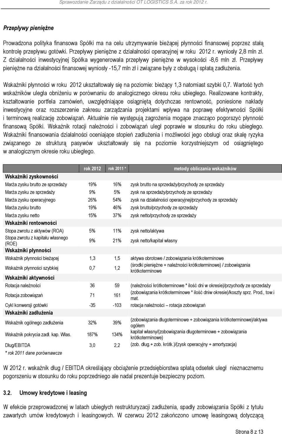 Przepływy pieniężne na działalności finansowej wyniosły -15,7 mln zł i związane były z obsługą i spłatą zadłużenia.