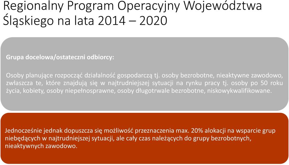 osoby po 50 roku życia, kobiety, osoby niepełnosprawne, osoby długotrwale bezrobotne, niskowykwalifikowane.