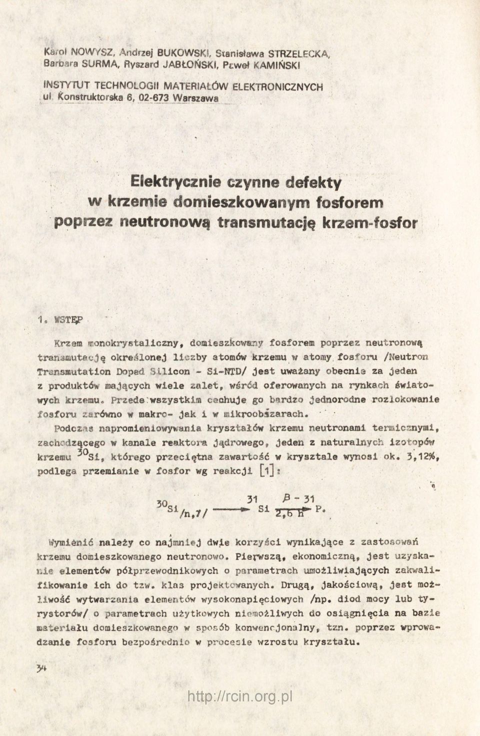 defekty w krzemie domieszkowanym fosforem poprzez neutronową transmutację krzem-fosfor 1.