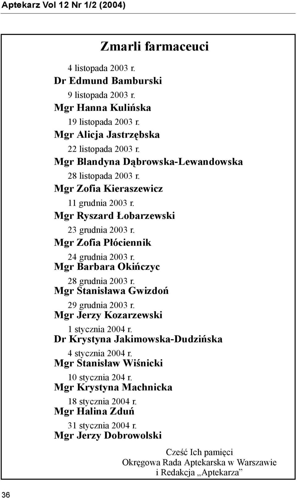 Mgr Barbara Okińczyc 28 grudnia 2003 r. Mgr Stanisława Gwizdoń 29 grudnia 2003 r. Mgr Jerzy Kozarzewski 1 stycznia 2004 r. Dr Krystyna Jakimowska-Dudzińska 4 stycznia 2004 r.