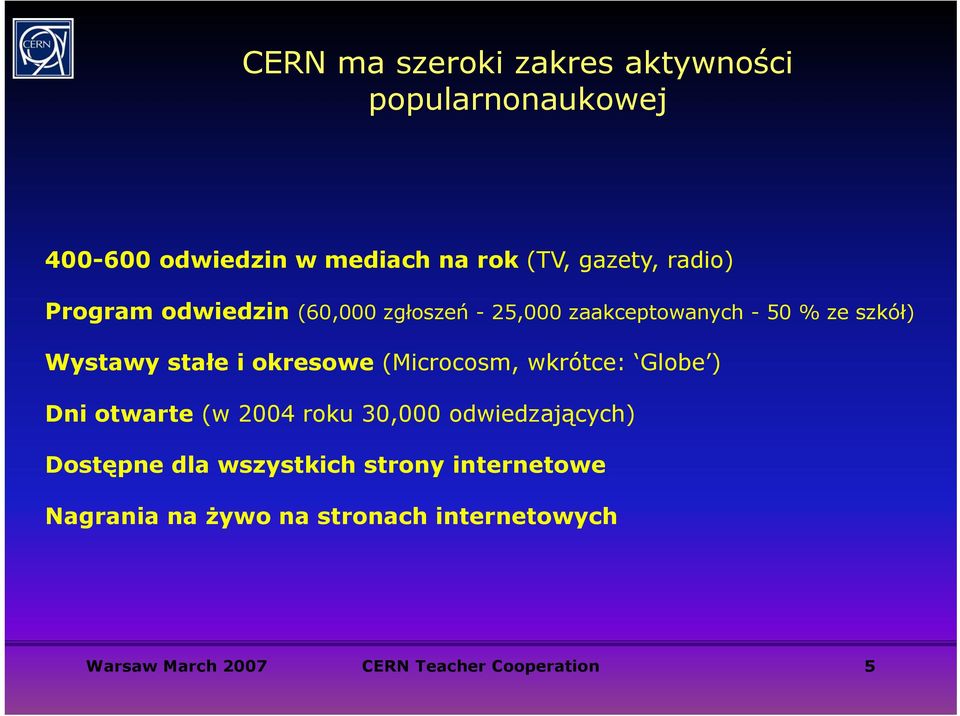 e(microcosm, wkrótce: kót Globe ) Dni otwarte (w 2004 roku 30,000 odwiedzających) Dostępne dla wszystkich