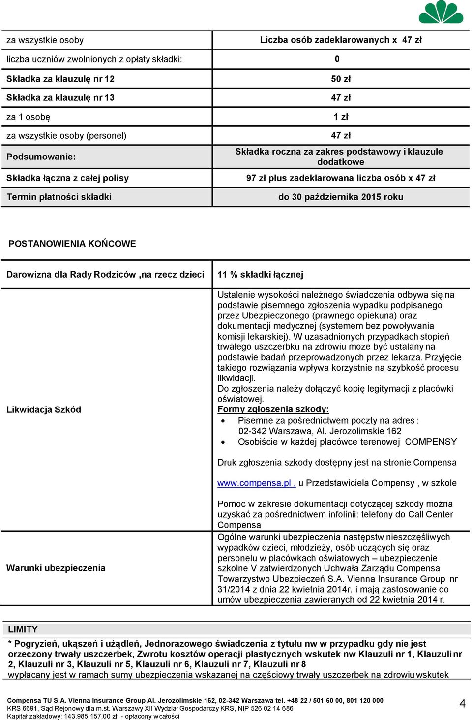 roku POSTANOWIENIA KOŃCOWE Darowizna dla Rady Rodziców,na rzecz dzieci Likwidacja Szkód 11 % składki łącznej Ustalenie wysokości należnego świadczenia odbywa się na podstawie pisemnego zgłoszenia