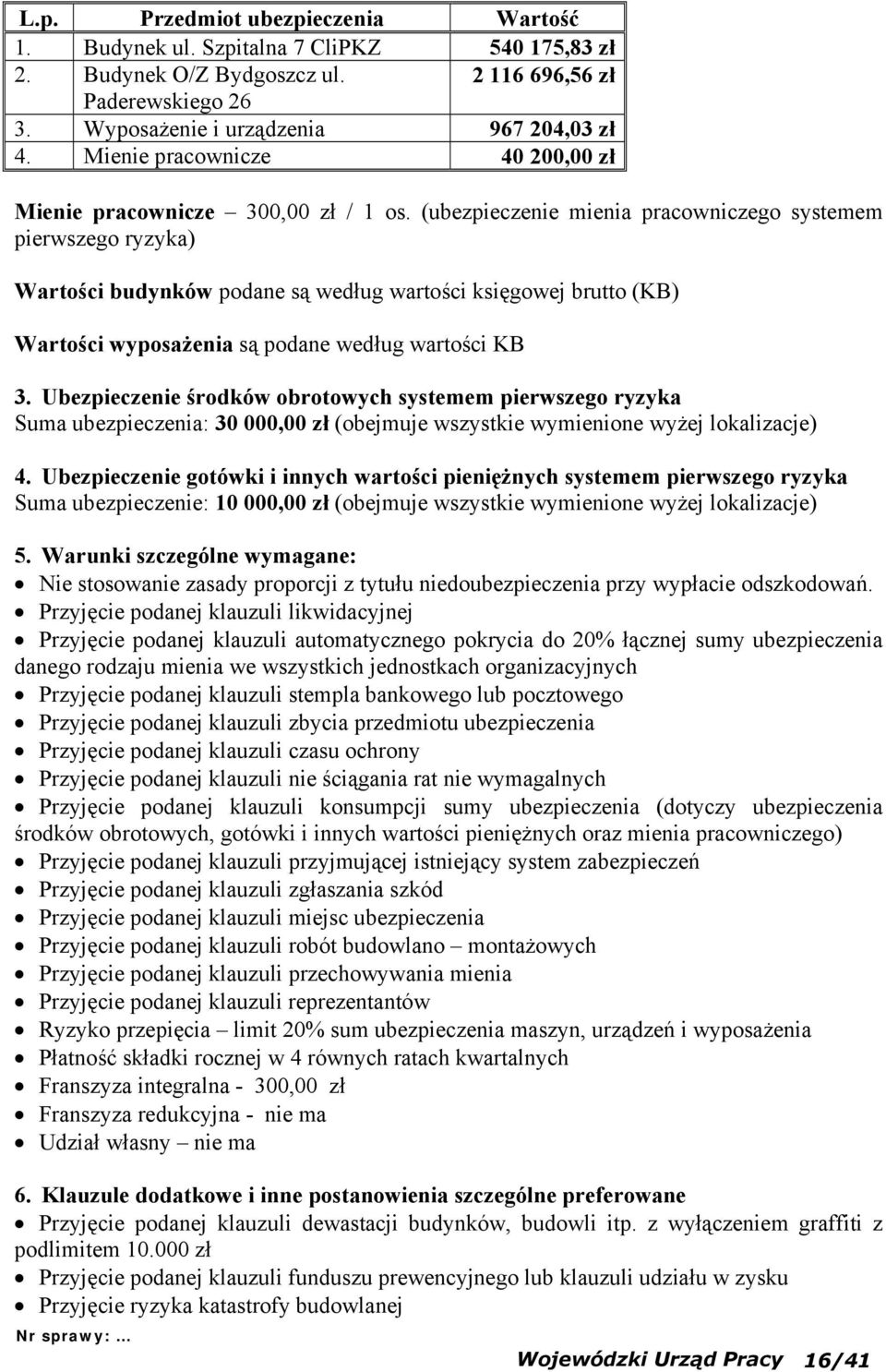 (ubezpieczenie mienia pracowniczego systemem pierwszego ryzyka) Wartości budynków podane są według wartości księgowej brutto (KB) Wartości wyposażenia są podane według wartości KB 3.