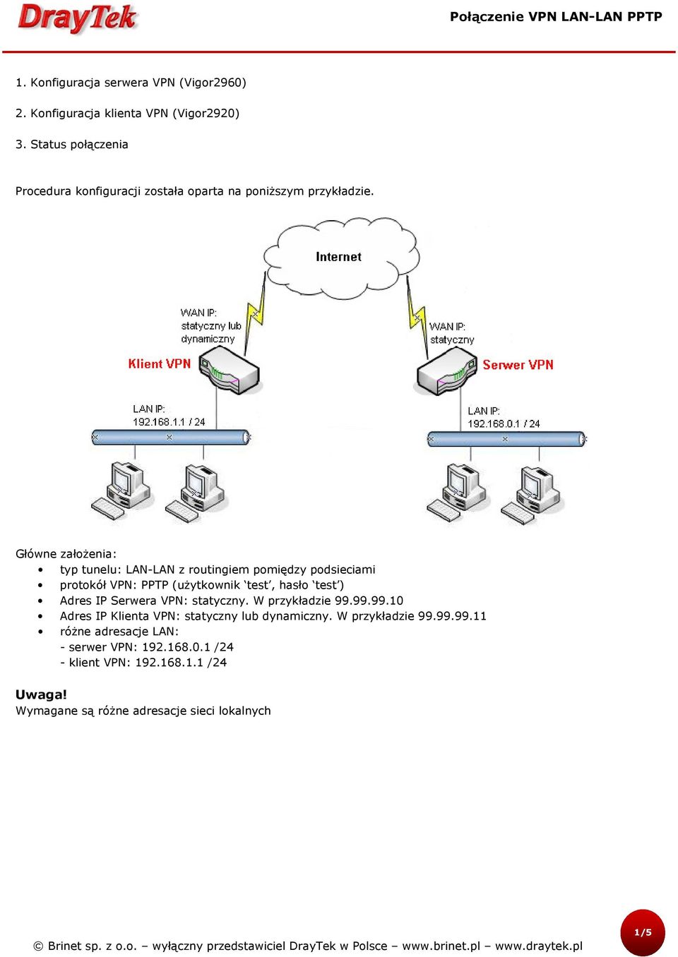 Główne założenia: typ tunelu: LAN-LAN z routingiem pomiędzy podsieciami protokół VPN: PPTP (użytkownik test, hasło test ) Adres IP Serwera