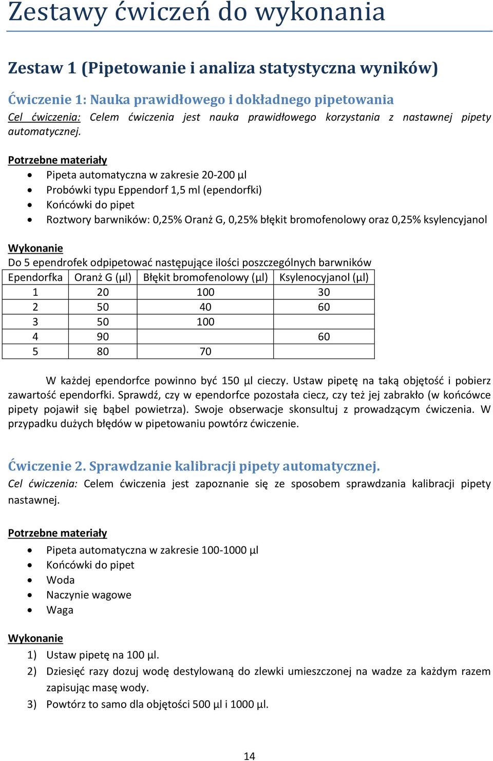 Potrzebne materiały Pipeta automatyczna w zakresie 20-200 µl Probówki typu Eppendorf 1,5 ml (ependorfki) Końcówki do pipet Roztwory barwników: 0,25% Oranż G, 0,25% błękit bromofenolowy oraz 0,25%