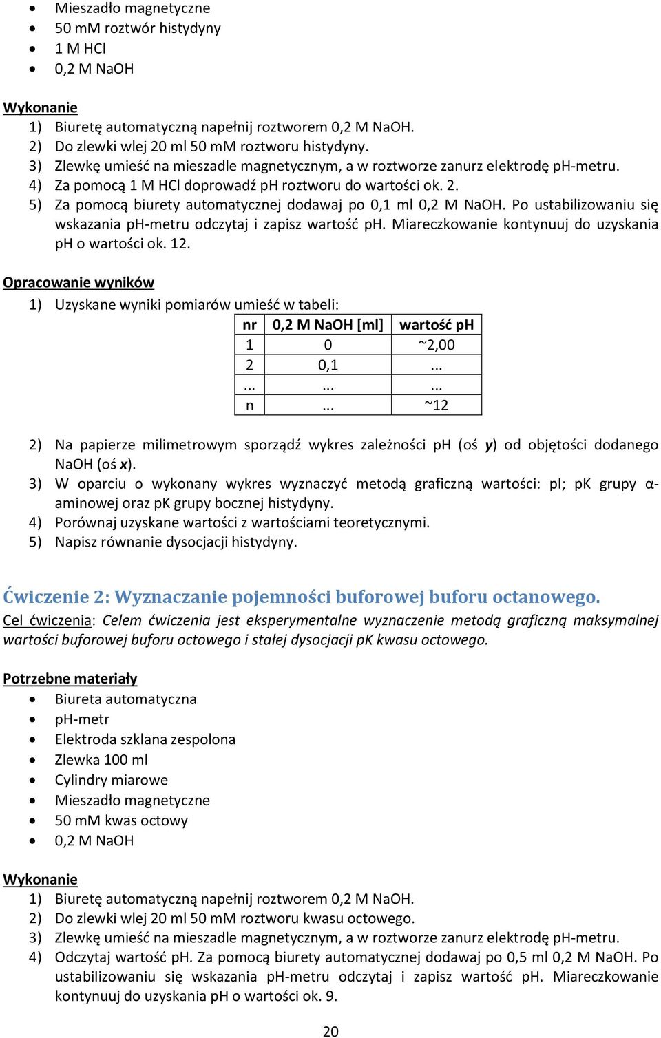 5) Za pomocą biurety automatycznej dodawaj po 0,1 ml 0,2 M NaOH. Po ustabilizowaniu się wskazania ph-metru odczytaj i zapisz wartość ph. Miareczkowanie kontynuuj do uzyskania ph o wartości ok. 12.