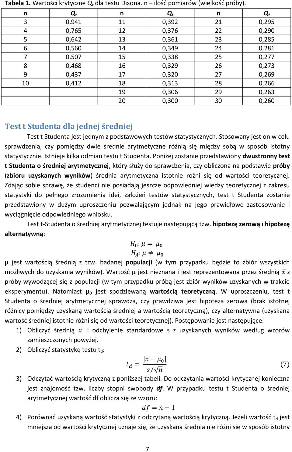 10 0,412 18 0,313 28 0,266 19 0,306 29 0,263 20 0,300 30 0,260 Test t Studenta dla jednej średniej Test t Studenta jest jednym z podstawowych testów statystycznych.