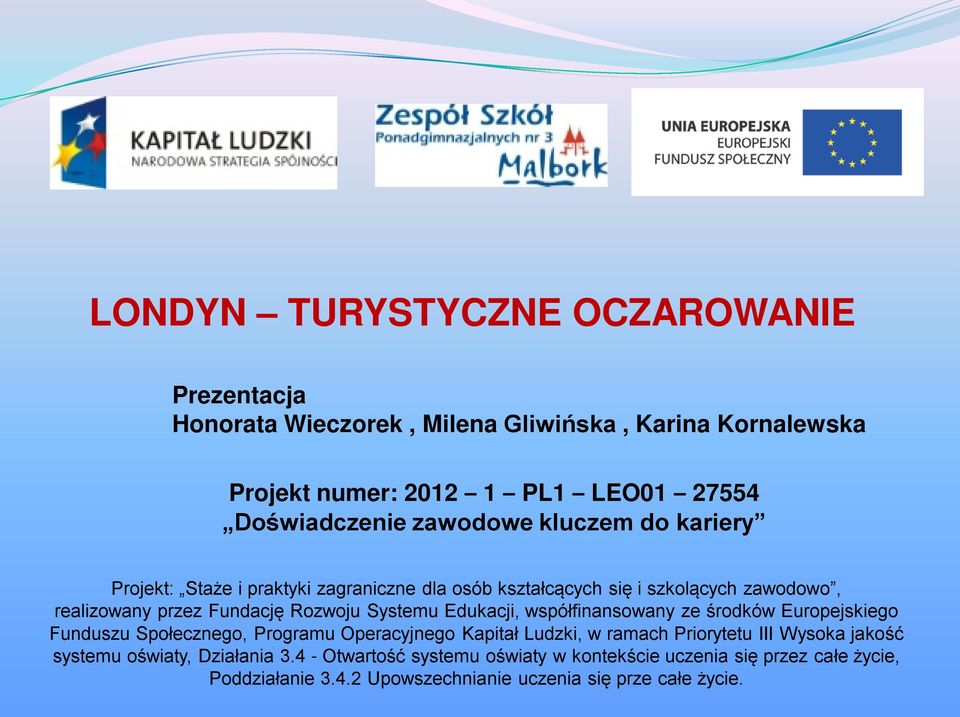 Systemu Edukacji, współfinansowany ze środków Europejskiego Funduszu Społecznego, Programu Operacyjnego Kapitał Ludzki, w ramach Priorytetu III Wysoka