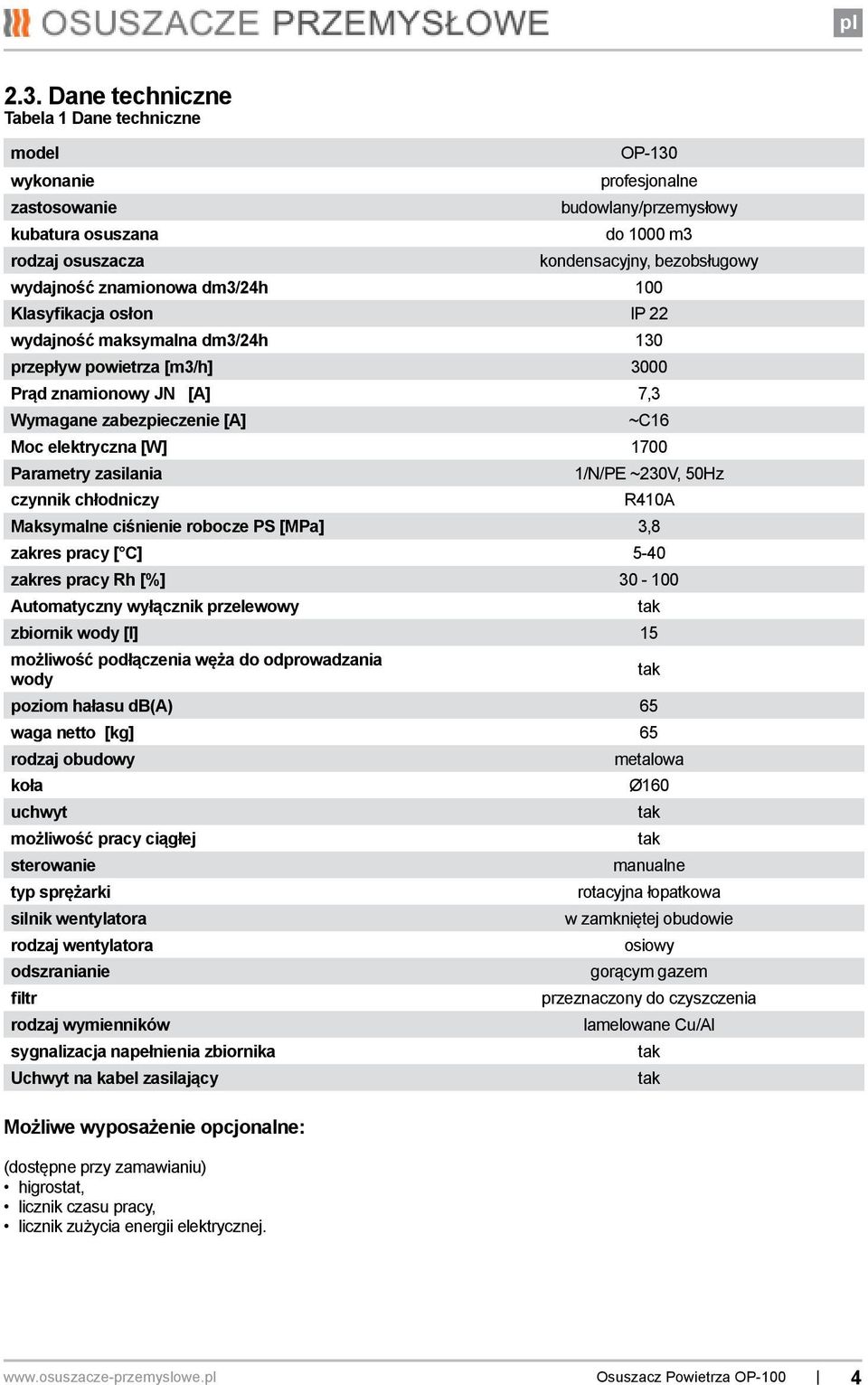 [W] 1700 Parametry zasilania czynnik chłodniczy 1/N/PE ~230V, 50Hz R410A Maksymalne ciśnienie robocze PS [MPa] 3,8 zakres pracy [ C] 5-40 zakres pracy Rh [%] 30-100 Automatyczny wyłącznik przelewowy