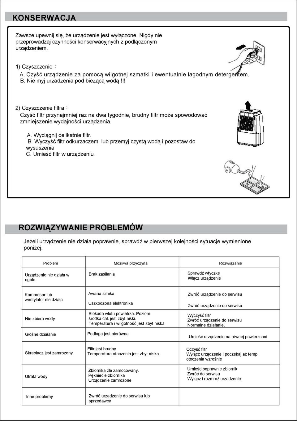 !! 2) Czyszczenie filtra: Czyść filtr przynajmniej raz na dwa tygodnie, brudny filtr może spowodować zmniejszenie wydajności urządzenia. A. Wyciągnij delikatnie filtr. B.