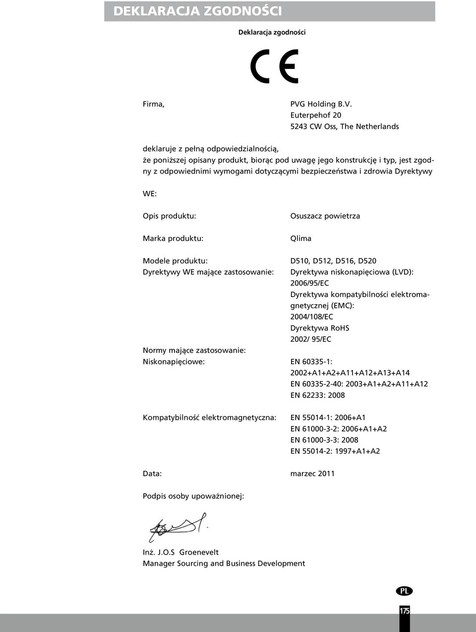 Euterpehof 20 52 CW Oss, The Netherlands deklaruje z pełną odpowiedzialnością, że poniższej opisany produkt, biorąc pod uwagę jego konstrukcję i typ, jest zgodny z odpowiednimi wymogami dotyczącymi