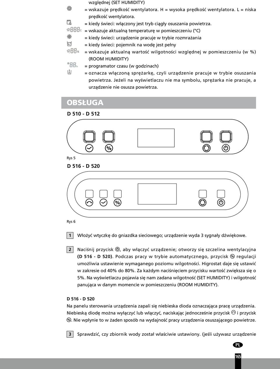 = wskazuje aktualną temperaturę w pomieszczeniu ( C) = kiedy świeci urządzenie pracuje w trybie rozmrażania = kiedy świeci pojemnik na wodę jest pełny = wskazuje aktualną wartość wilgotności