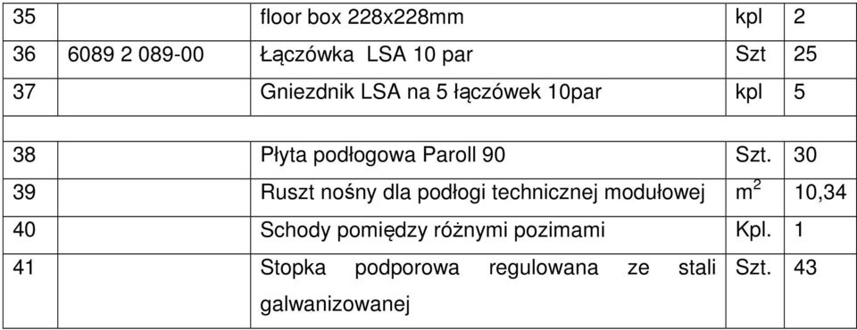 30 39 Ruszt nośny dla podłogi technicznej modułowej m 2 10,34 40 Schody