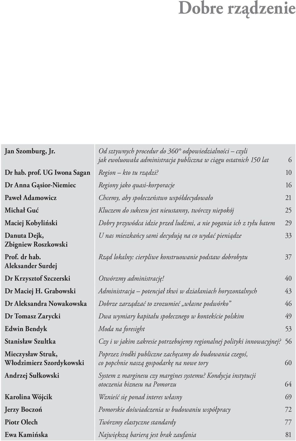 10 Dr Anna Gąsior -Niemiec Regiony jako quasi-korporacje 16 Paweł Adamowicz Chcemy, aby społeczeństwo współdecydowało 21 Michał Guć Kluczem do sukcesu jest nieustanny, twórczy niepokój 25 Maciej