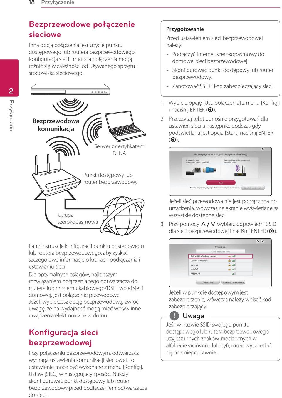 Bezprzewodowa komunikacja Serwer z certyfikatem DLNA Przygotowanie Przed ustawieniem sieci bezprzewodowej należy: -- Podłączyć Internet szerokopasmowy do domowej sieci bezprzewodowej.